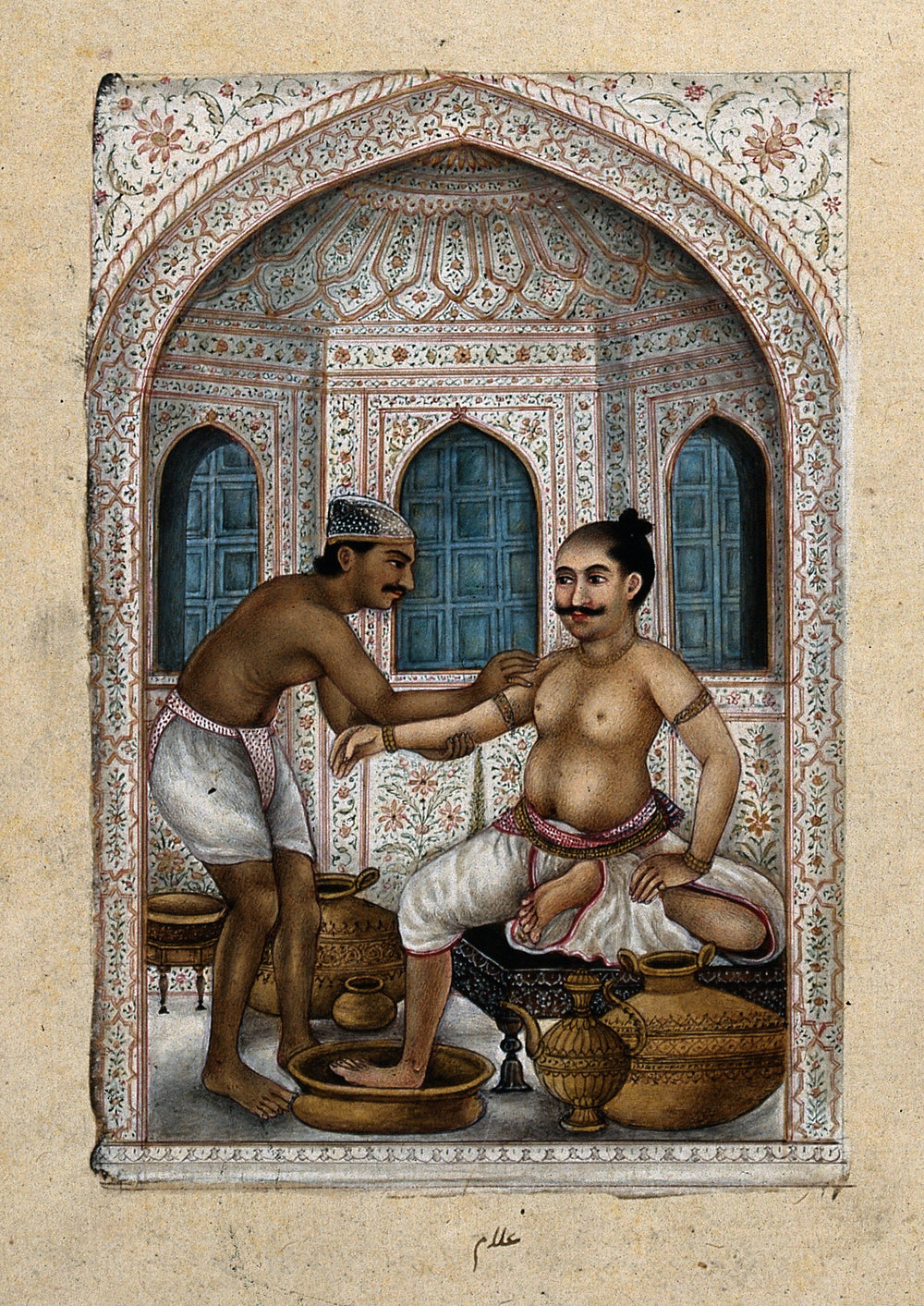 Watercolour of a bath attendant scrubbing a customer