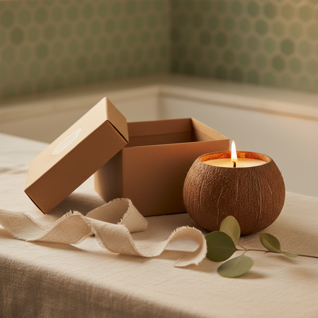 The bath candle lit beside its open kraft gift box and ribbon
