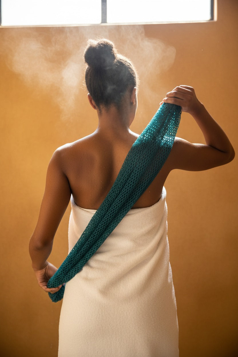 Scrubbing the back with the African net sponge