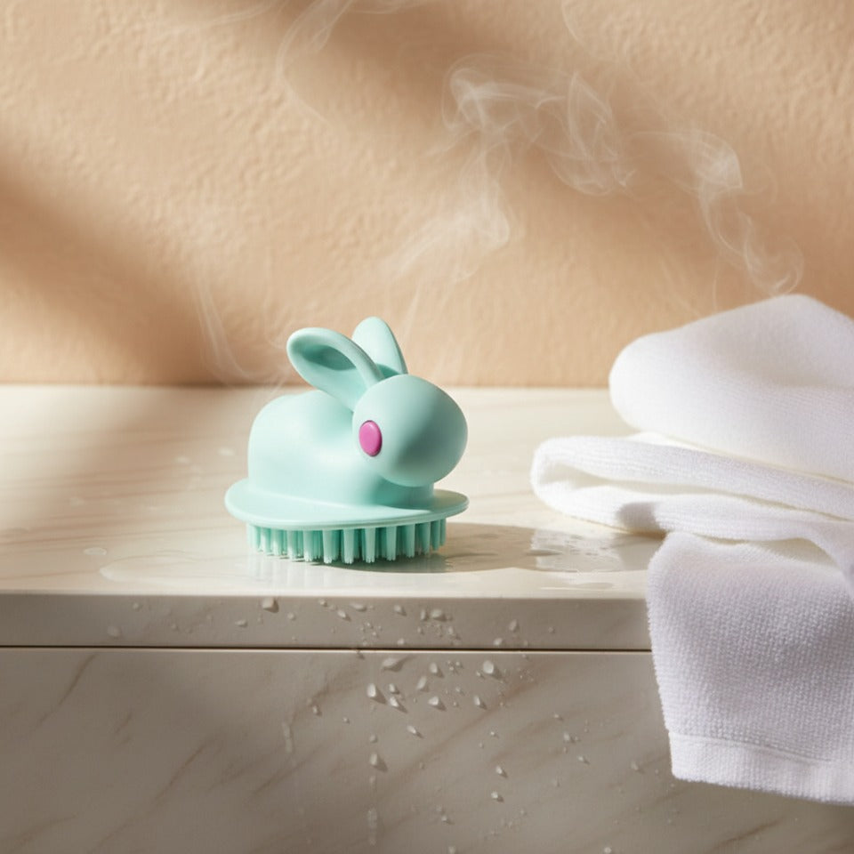 The silicone scalp massager on a wet marble bathroom ledge