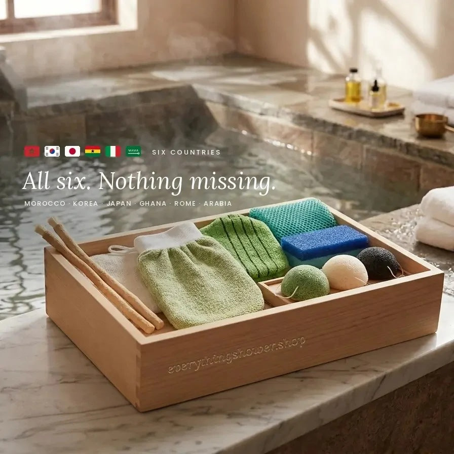 Six Countries full ritual kit — cedar box with kessa mitt, Italy towel, konjac sponges, net sponge, pumice stone and miswak sticks